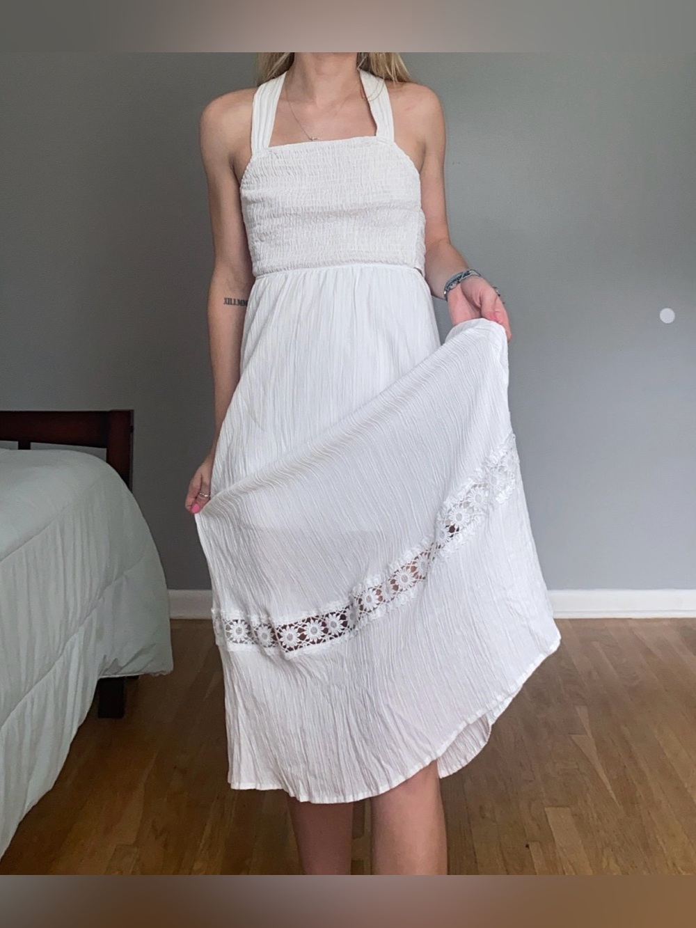 SHEIN White Halter Smocked Bodice Midi Dress with Eyelet Trim